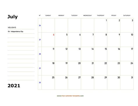 Printable July Calendar Box And Lines For Notes Free Calendar