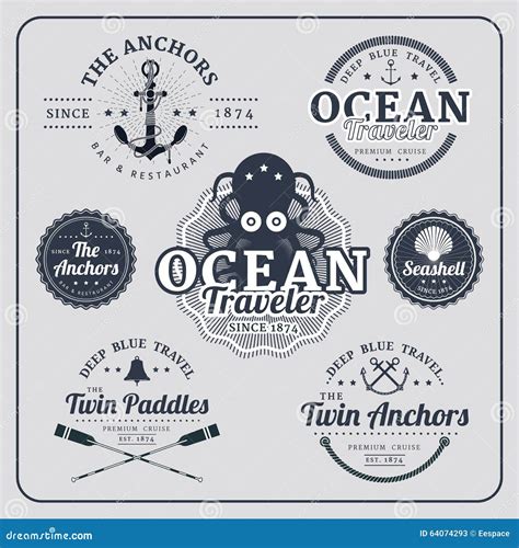 Nautical Labels Set Helm And Anchor Isolated On White Ship And Boat