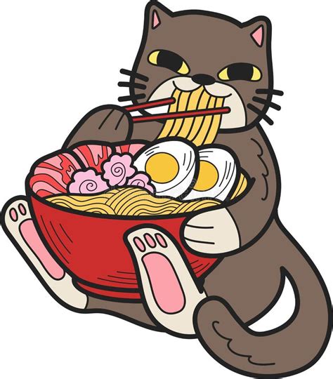 Hand Drawn Cat Eating Noodles Illustration In Doodle Style Stock Vector