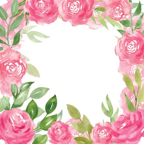 Watercolor Floral Frame With Pink Rose Flowers And Green Leaves Hand