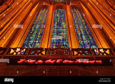 Neon Sign And Stained Glass Windows In The Anglican Cathedral Liverpool