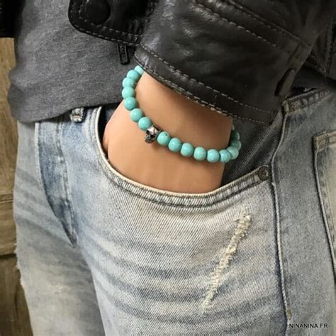 Bracelet Tete De Mort Homme Luxe Howlite Turquoise Ninanina