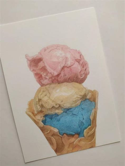 Triple Scoop Ice Cream Cone Art Original Watercolor Food Etsy