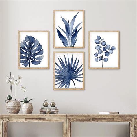 Pixonsign Pcs Adhesive Canvas Poster Watercolor Blue Tropical Leaves