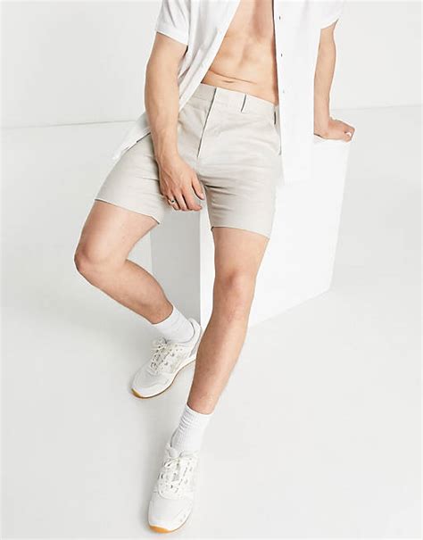 Asos Design Skinny Suit Shorts In Stone Linen Mix Asos