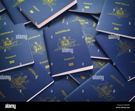 Passports Of Australia Background Immigration Or Travel Concept Pile Of Australian Passports