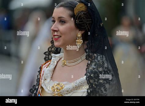 Fallas Festival Woman In A Traditional Costume During The Parade In