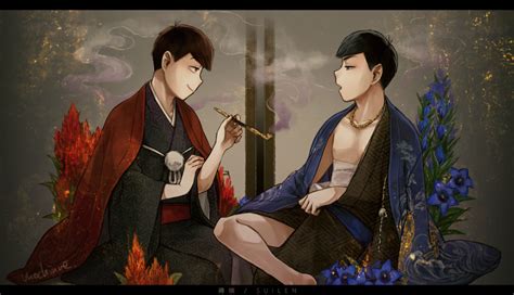 Safebooru 2boys Black Hair Blue Eyes Brothers Brown Hair Flower Gold Chain Haori Japanese