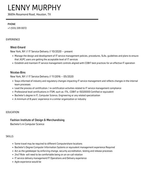 It Service Delivery Resume Samples Velvet Jobs