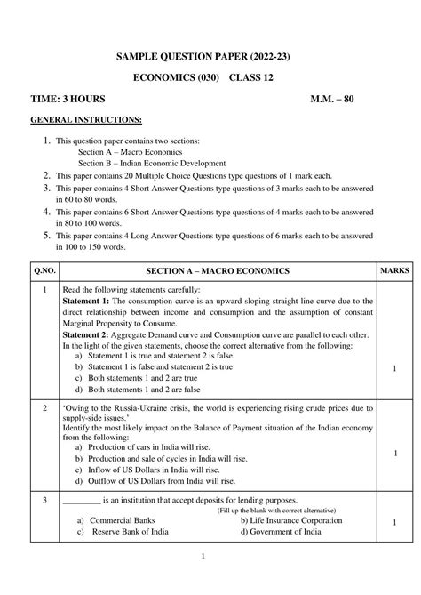 Cbse Class 12 Economics Sample Paper 2023 Indcareer Docs