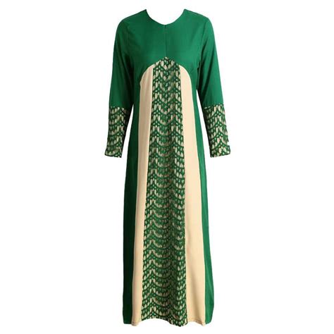 New Fashion Women Muslim Maxi Dress Contrast Color Pitches Long Sleeve