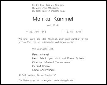 Traueranzeigen von Monika Kümmel Trauer in NRW de