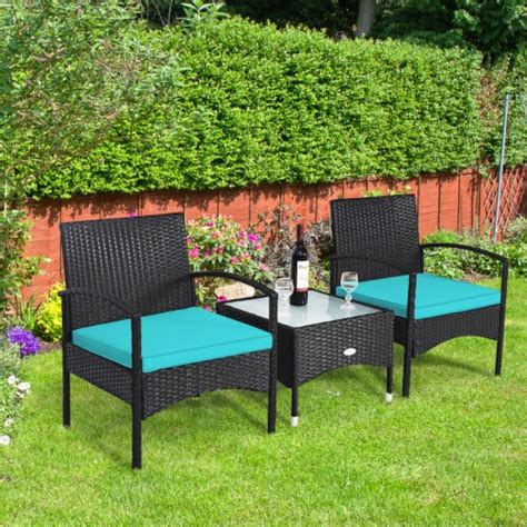 3 Pcs Patio Wicker Rattan Furniture Set Coffee Table And 2 Rattan Chair W Cushion Turquoise 1