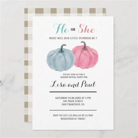 Pink Blue Pumpkins He Or She Gender Reveal Invitation Zazzle Gender