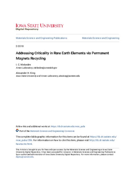 (PDF) Addressing Criticality in Rare Earth Elements via Permanent Magnets Recycling