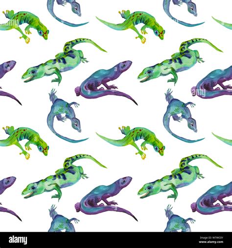 Watercolor Hand Drawn Seamless Pattern Of Different Color Lizards