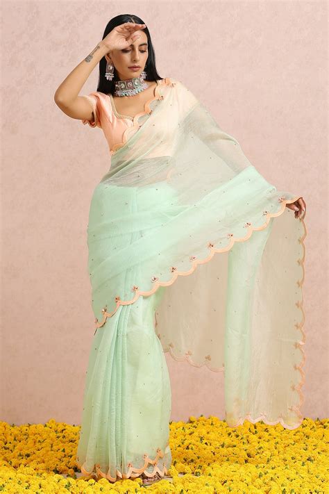 Mint Green Saree With Peach Blouse Label Nitika