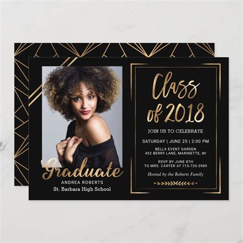 Modern Black Gold Script Photo Graduation Party Invitation Zazzle Photo Graduation