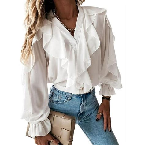 Celmia Women Office V Neck Butterfly Sleeve Wavy Edge Shirt Blouse