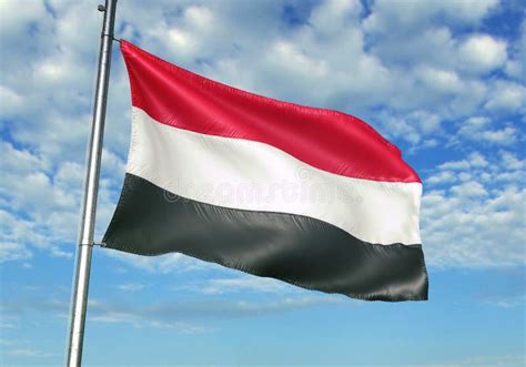 Yemen Flag Waving With Sky On Background Realistic 3d Illustration Stock Illustration