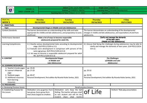 Dll Perdev Week 5 English Language Education School Sta Lucia High School Grade Level Grade