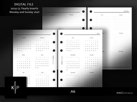 Year At A Glace A Printable Planner Inserts Monday And Sunday