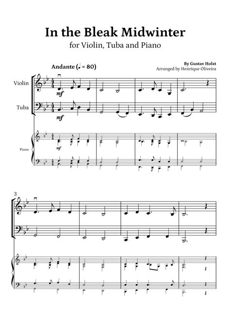 In The Bleak Midwinter Violin Tuba And Piano Beginner Level Sheet