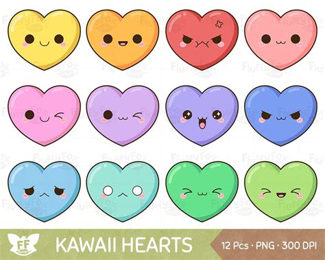 Kawaii Heart Clipart Cute Hearts Clip Art Valentine Love Etsy