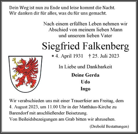 Traueranzeigen Von Siegfried Falkenberg Trauer L Neburg De