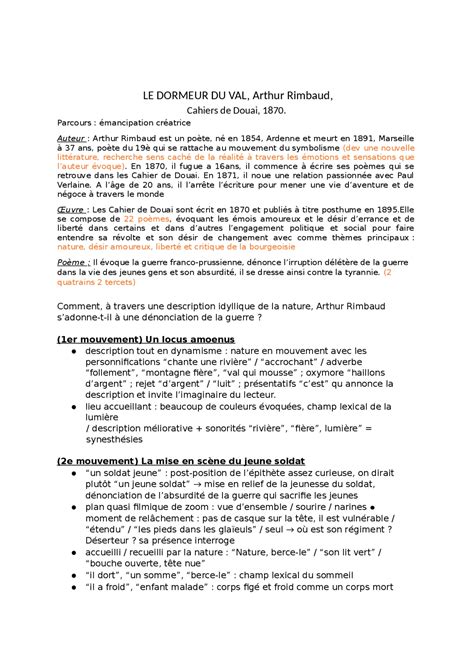 etude linéaire sur le dormeur du val permettant d analyser le document