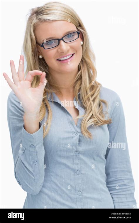 Blonde Woman Showing Ok Sign Stock Photo Alamy