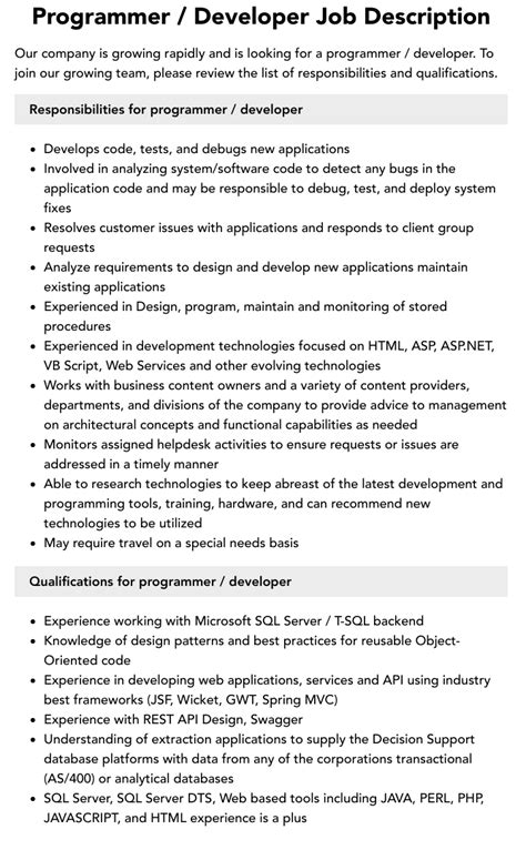 Programmer Developer Job Description Velvet Jobs