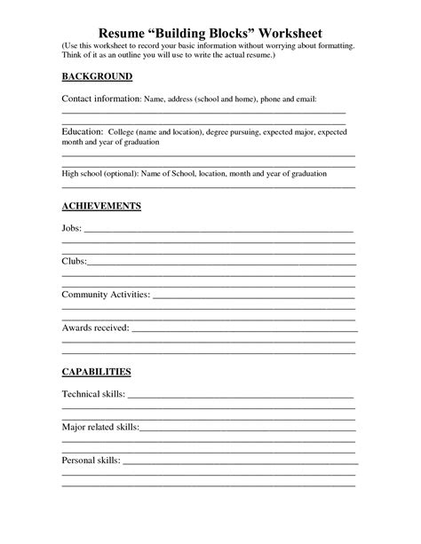 Printable Resume Builder Worksheet Printable Worksheets