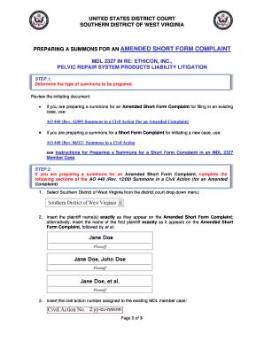 Fillable Online Wvsd Uscourts AMENDED D SHORT T FORM C COMPLAI INT