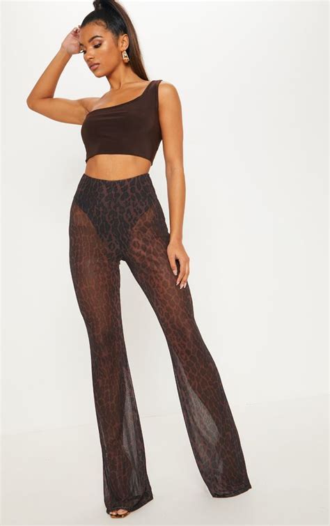 Chocolate Leopard Printed Mesh Flares Slacks For Women Pants For