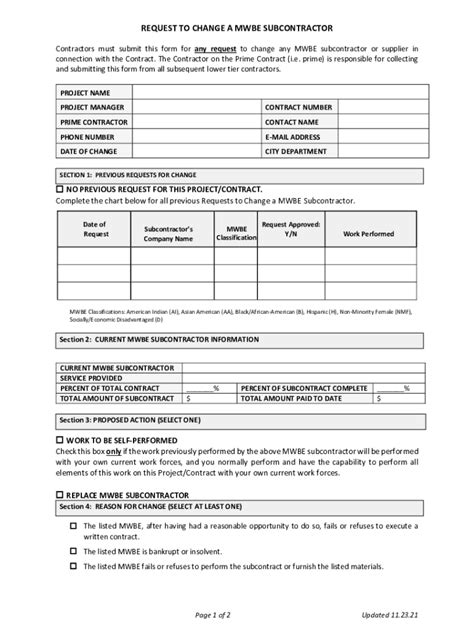 Fillable Online Request To Change Mwbe Subcontractor Form Fax Email