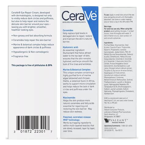 Cerave Eye Repair Cream For Dark Circles And Puffiness 0 5 Oz 14 2g