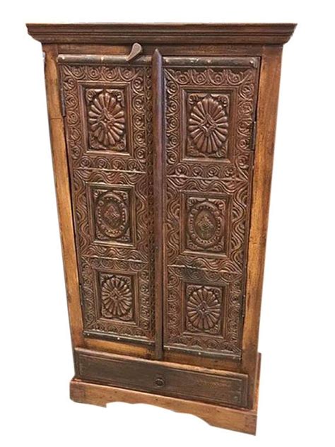 Antique Indian Chakra Hand Carved Cabinet Teak Rustic Armoire India