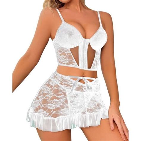 Fashion White3 Lingerie Bustier And Corset Hollow Out Lace Bodysuit