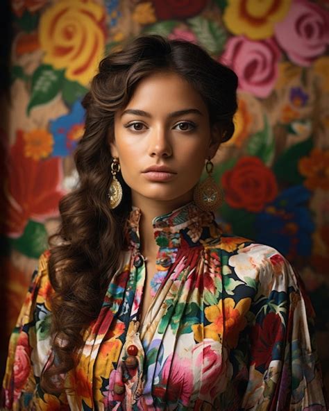 Una Hermosa Joven De Pelo Largo Con Un Vestido De Flores Vector Premium