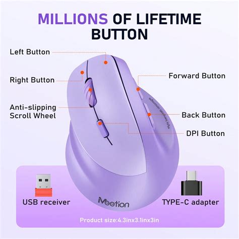 Meetion Wireless Bluetooth Mouse, Vertical Ergonomic Mouse To Relieve ...