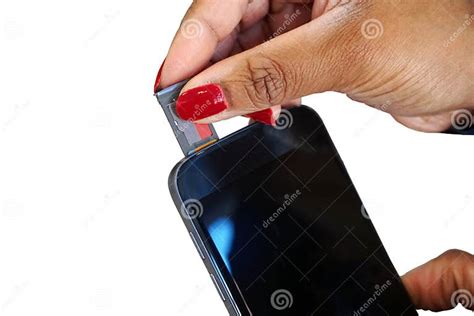 Girl Hand Inserting Micro Sd Card Into Cell Phone Smartphone Stock