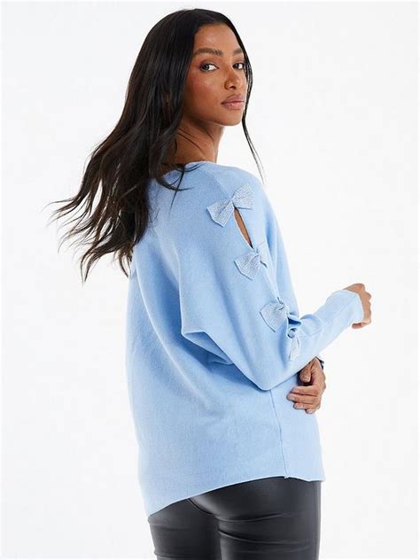 Quiz Light Knit Bow Sleeve Jumper Light Blue Uk