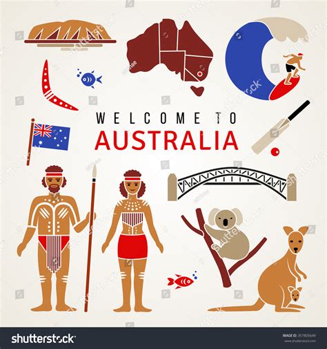 Australian Cultural Symbols Set Flat Icons Stock Vector 357805649