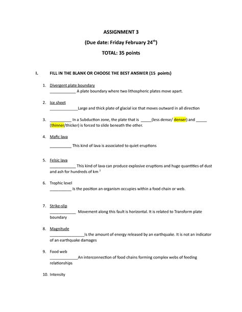 Assignment 3 Assignment 3 Due Date Friday February 24th Total 35 Points I Fill In The