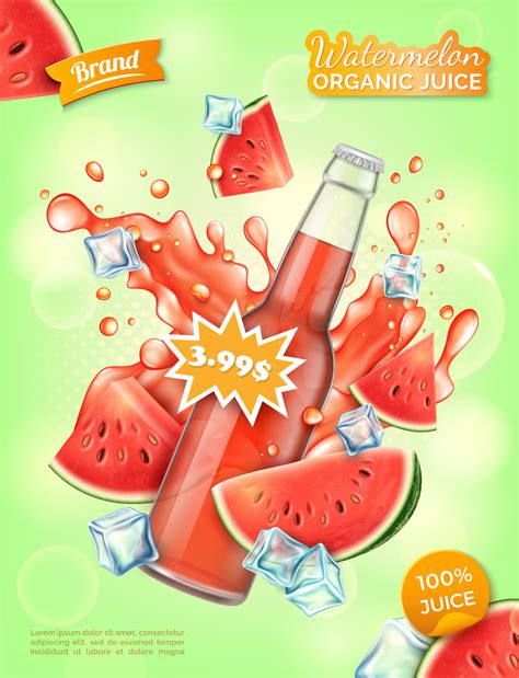 Realistic Detailed 3d Watermelon Organic Juice Bottle Ads Banner