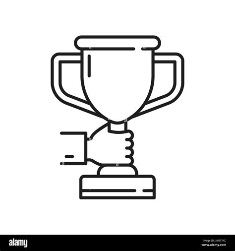 Hand Holding Trophy Cup Best Prize Award Isolated Thin Line Icon