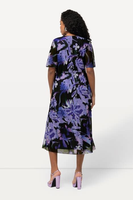 Sheer Floral Layered Wrap Dress Purple Violet Ulla Popken