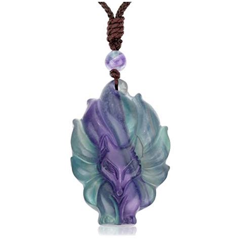 Jovivi Natural Fluorite Nine Tailed Fox Crystal Necklace Healing Stones