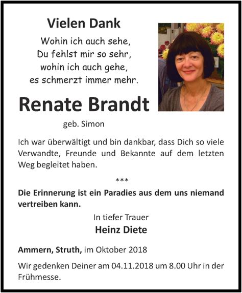 Traueranzeigen Von Renate Brandt Trauer In Thueringen De